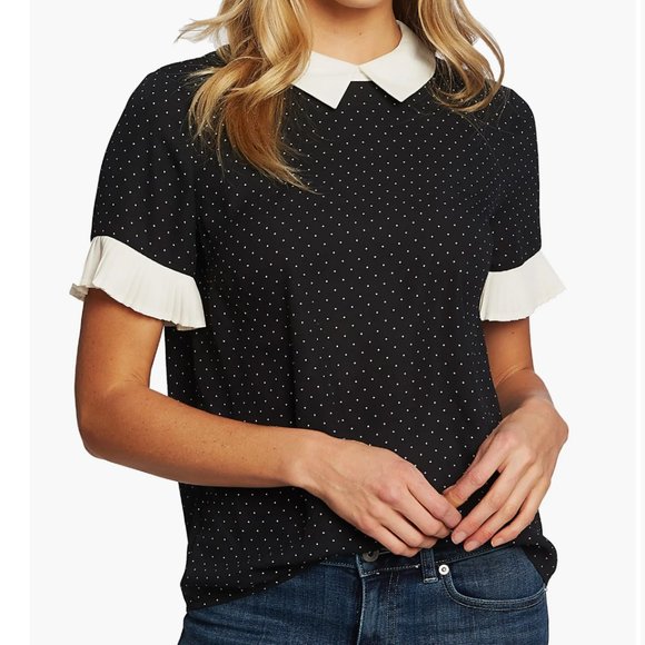 CeCe Tops - CeCe Womens Short Sleeve Polka Dot Collared Blouse Navy Blue White Size Medium